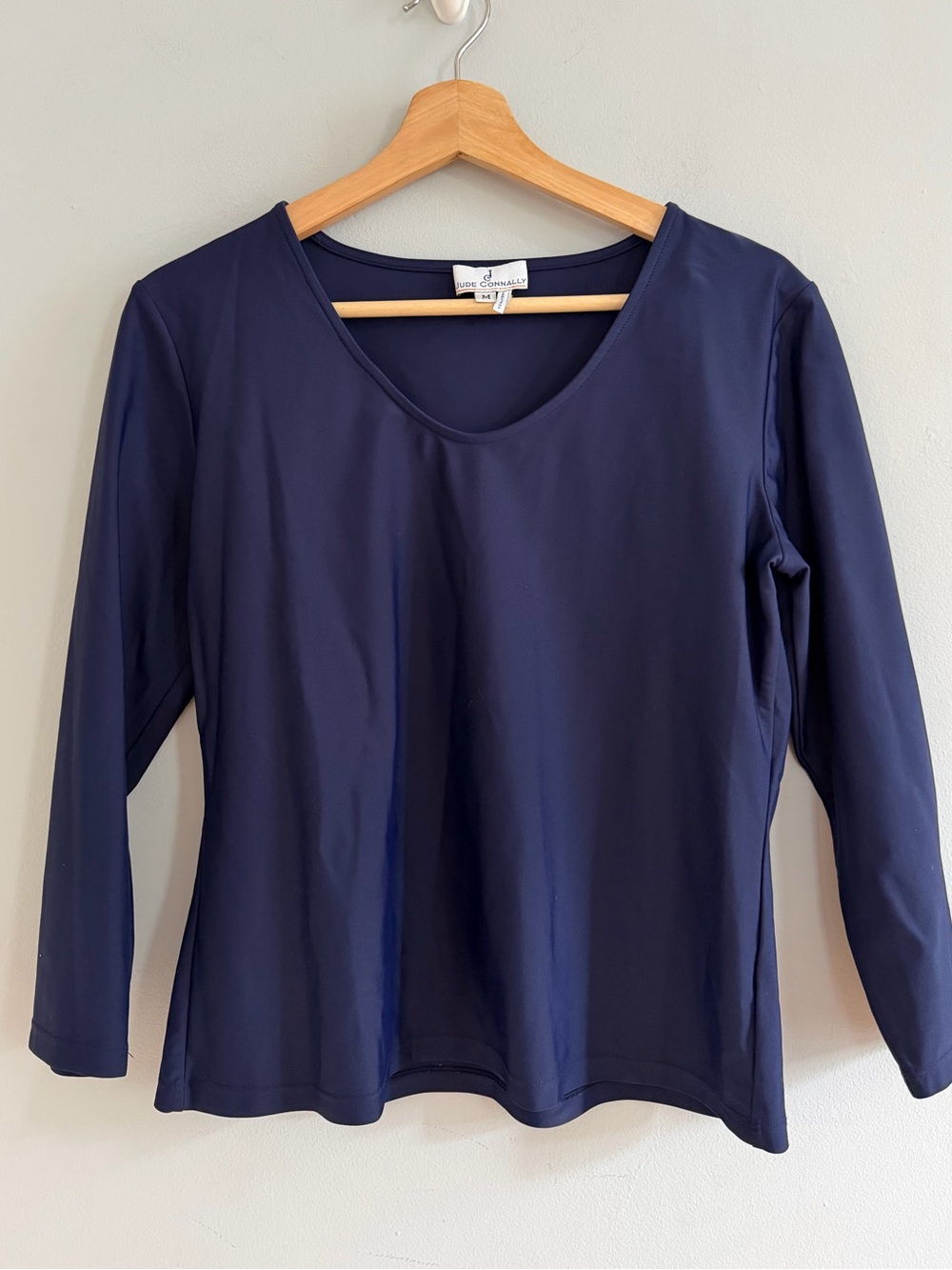 Jude Connally Round Neck Navy Blue 3/4 Stretch Fabric Top Size M
